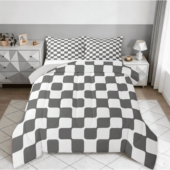 Manfei Geometric Geometric Checkered Comforter Sets Twin Size,Abstract Geometrical Art Comforters & Duvets,Gray White Bedding Twin Comforter Set,Ultra Soft Room Decoration Reversible,2-Piece