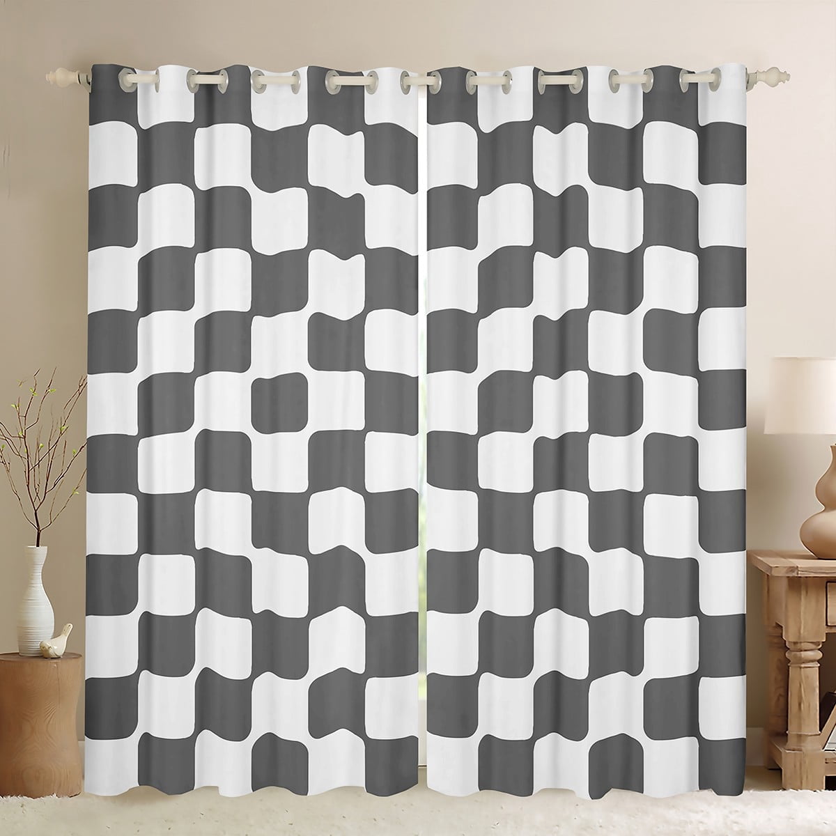 Manfei Geometric Geometric Checkered Curtains Pack of 2 (42x63),Abstract Geometrical Art Black Out Curtains,Gray White Curtains for Living Room,Ultra Soft Room Decoration