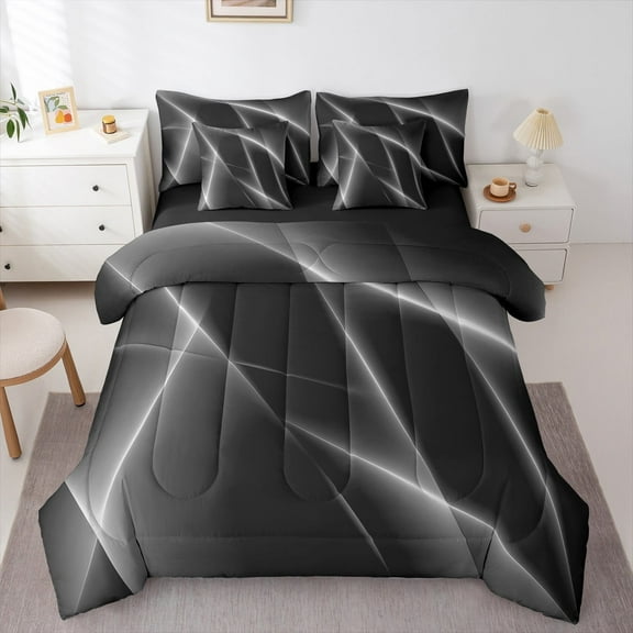 Manfei Geometric Geometric Lines Bedding Comforter Set 7-Piece,Modern Abstract Art King Bedding Sets,Gray Black Ribbon Bed Sheets For Teens,Microfiber Bedroom Decor,Reversible