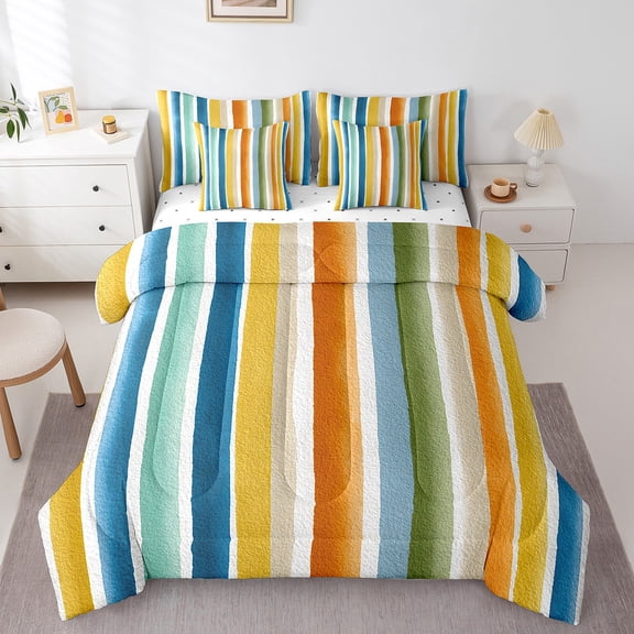 Manfei Geometric Geometric Lines Bedding Sets Queen Size,Abstract Geometrical Stripes Comforter Sets with Sheets,Yellow Orange Blue Bed in a Bag Queen Size,Microfiber Bedroom Decor Reversible,7-Piece