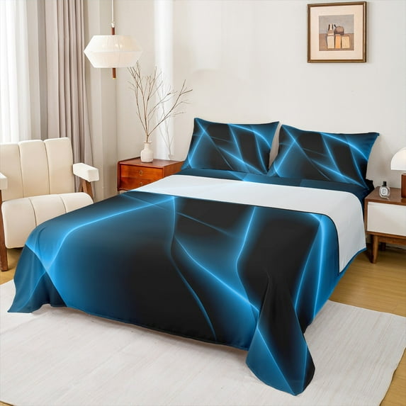 Manfei Geometric Geometric Lines Full Size Sheets,Modern Abstract Art Bed Sheets,Blue Black Ribbon Sheet Sets For Teens,Microfiber Bedroom Decor,4pcs