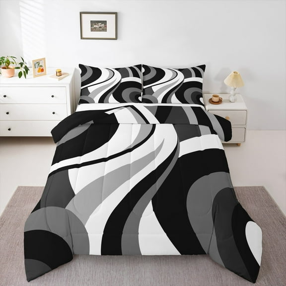 Manfei Geometric Geometric Lines Queen Comforter Set,Modern Abstract Art Bedding Sets,Gray Black White Bedding Comforter Set For Teens,Microfiber Bedroom Decor Reversible,3 Pieces