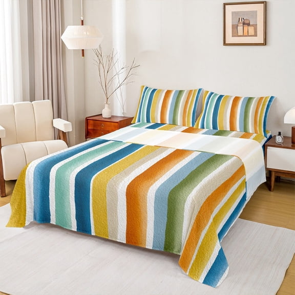 Manfei Geometric Geometric Lines Queen Sheet Sets,Abstract Geometrical Stripes Bedding Queen Size,Yellow Orange Blue Bed Sheets Set Queen Size,Microfiber Bedroom Decor,4 Pieces