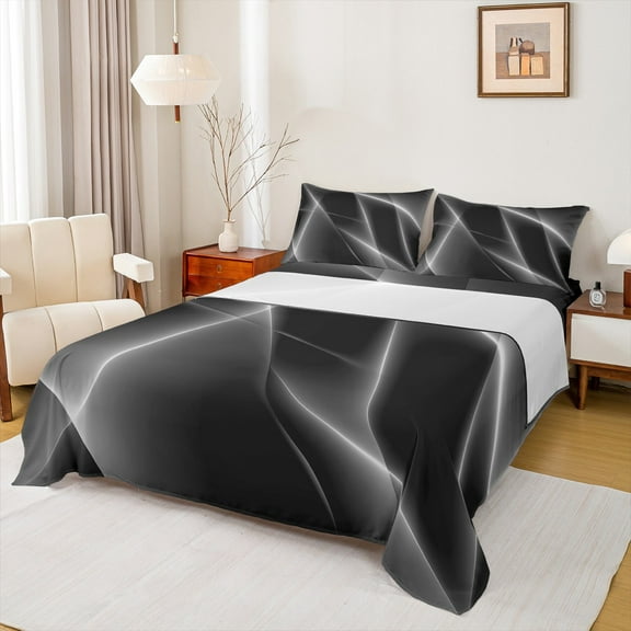 Manfei Geometric Geometric Lines Twin Sheet Sets,Modern Abstract Art Twin Fitted Sheet,Gray Black Ribbon Flat Sheet For Teens,Microfiber Bedroom Decor,3pcs