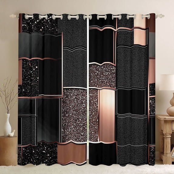 Manfei Geometric Glitter Blackout Curtains, Modern Mosaic Plaid Curtains Pack of 2 (42x84 Each), Black Rose Gold