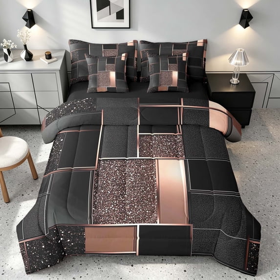 Manfei Geometric Glitter Full Size Bedding Sets, Modern Mosaic Plaid Full Size Bed in a Bag, Black Rose Gold, Black Reversible 7 Pieces