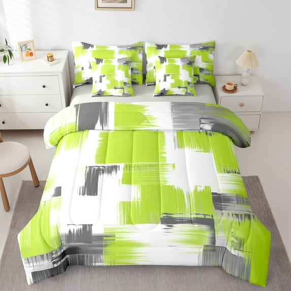 Manfei Geometric Graffiti 7 Pieces Bedding Comforter Set,Modern Abstract Art Full Bedding Set,Green White Gray Fitted Sheet Flat Sheet For Kids,Ultra Soft Home Decor Reversible