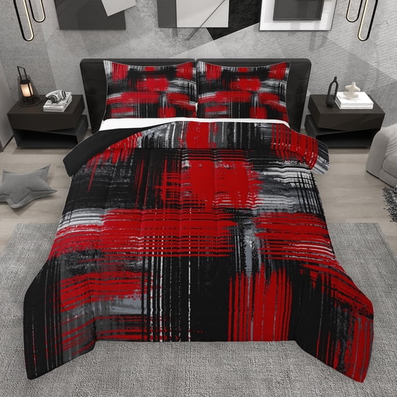 Manfei Geometric Graffiti Desgin Bedding Comforter Set,Modern Abstract Aesthetic Twin Comforter Sets,Red Black Gray Bedding Set For Kids,Ultra Soft Home Decor Reversible,2-Piece