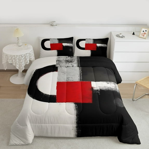 Manfei Geometric Graffiti King Size Comforter Sets,Modern Abstract Art Bedding Comforter Set,Red Black White Bedding Set For Kids,Ultra Soft Home Decor Reversible,3 Pieces