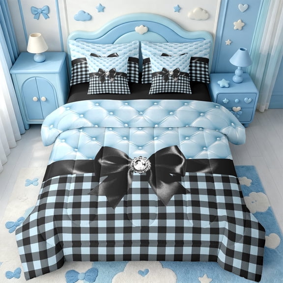Manfei Geometric Grid 7-Piece Twin Bedding,Fashion Bowknot Bedding Comforter Set,Black Reversible