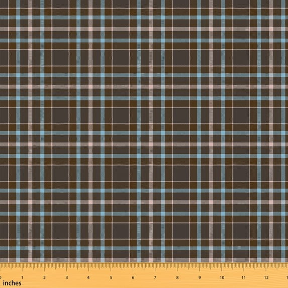 Manfei Geometric Grid Fabric by the Yard 3 Yards, Minimalist Patchwork Room Decor Fabric by the Yard, Brown Cyan Plaid