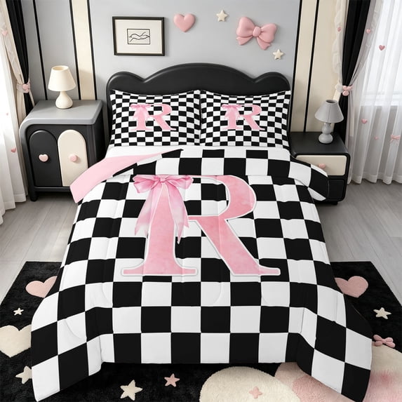 Manfei Geometric Grid Print King Size Comforter Sets,Initial R ABC Themed Comforters King Size,Pink Reversible,3pcs,1 Comforter and 2 Pillowcases