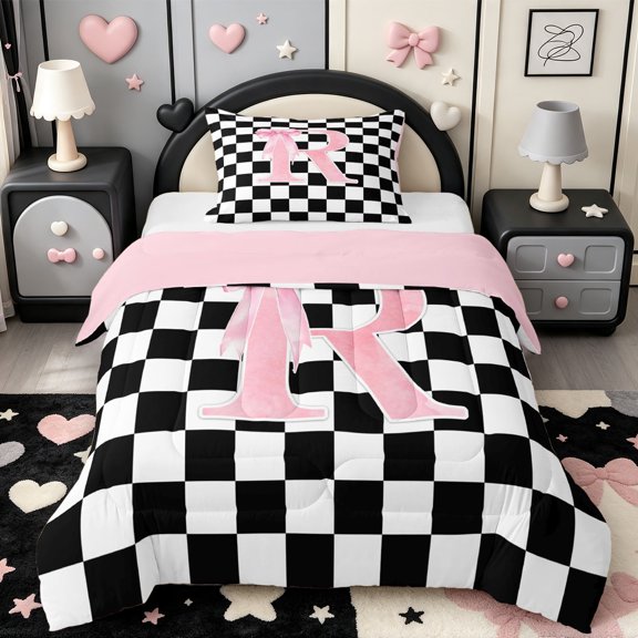 Manfei Geometric Grid Print Twin Comforter Sets,Initial R ABC Themed Bedding Set,Pink Reversible,2pcs,1 Comforter and 1 Pillowcase