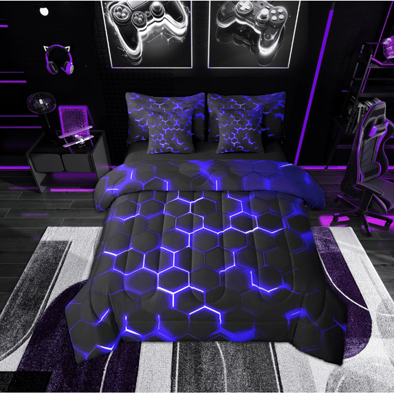 Manfei Geometric Hexagon 7pcs Bedding Comforter Set,Minimalist Geometric Honeycomb Queen Bedding Sets,Black Purple Queen Sheet Sets For Boys,Super Cozy Room Decor Reversible