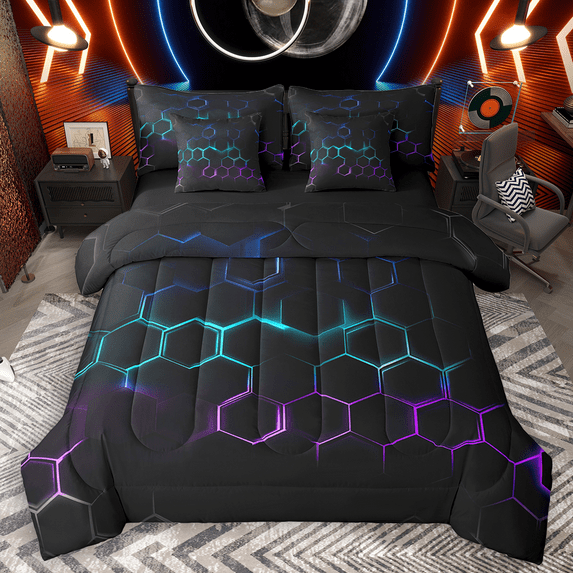 Manfei Geometric Hexagon Bedding Comforter Set 7pcs, Gradient Blue Purple Honeycomb King Bedding Sets, Black Geometric Bed Sheets Breathable Home Decor