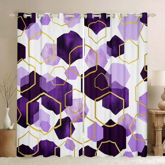 Manfei Geometric Hexagon Black Out Curtains,Abstract Honeycomb Pattern Curtains Pack of 2 (42x63 Each),Purple White Gold Bedroom Curtains For Kids,Super Cozy Room Decor