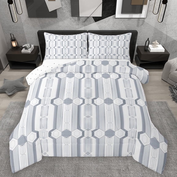 Manfei Geometric Hexagon Stripes 3 Pieces Queen Comforter Set for Children Teens Adults,Vintage Aesthetic Ultra Soft Bedding Sets,Minimalist Mid Century Bedding Comforter Set Breathable