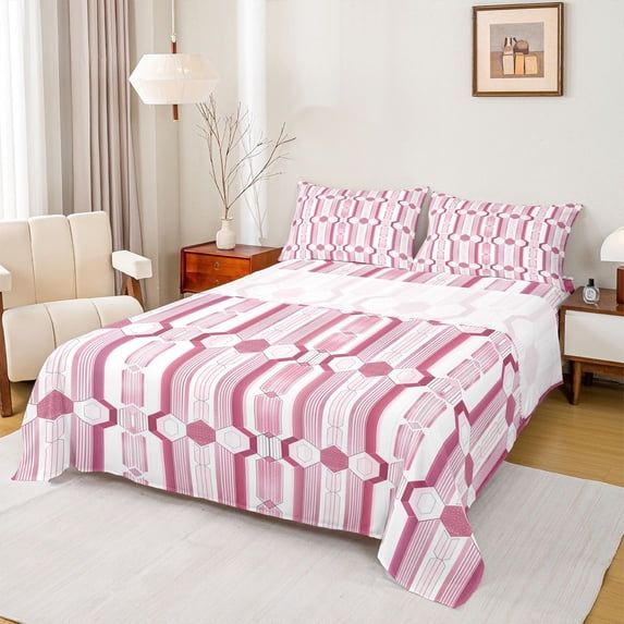 Manfei Geometric Hexagon Stripes 4pcs Bed Sheets for Children Teens Adults,Vintage Aesthetic King Sheets,Minimalist Mid Century Super Cozy Sheet Set,Breathable Home Decor