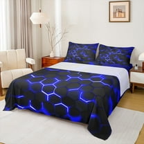 Manfei Geometric Hexagon Twin Sheet Sets,Minimalist Geometric Honeycomb Twin Fitted Sheet,Blue Black Flat Sheet For Boys Boys,Super Cozy Room Decor,3pcs