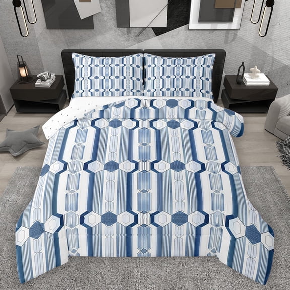Manfei Geometric Honeycomb 3 Pieces Queen Comforter Set for Female Men,Abstract Stripes Ultra Soft Bedding Sets,Vintage Aesthetic Bedding Comforter Set Breathable,Microfiber Bedroom Decor,Reversible
