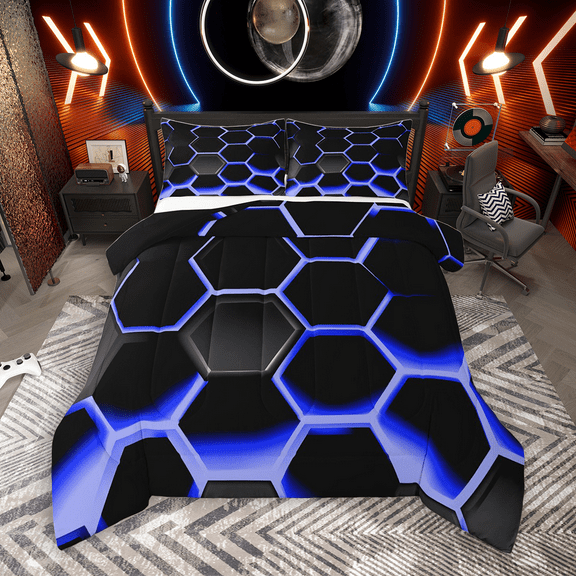 Manfei Geometric Honeycomb Bedding Comforter Set 2pcs for Boys, Black Blue Twin Comforter Sets, Neon Gradient Hexagon Bedding Set, Super Cozy Room Decor