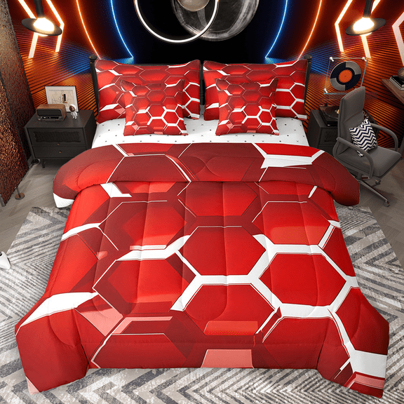 Manfei Geometric Honeycomb Bedding Comforter Set 7 Pieces for Boys, Red White Queen Bedding Sets, Stereoscopic Hexagon Queen Sheet Sets, Microfiber Bedroom Decor