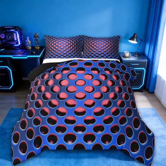 Manfei Geometric Honeycomb Bedding Comforter Set,Stereoscopic Geometric Twin Comforter Sets,Blue Pink Bedding Set,Microfiber Room Decorative Reversible,2 Pieces