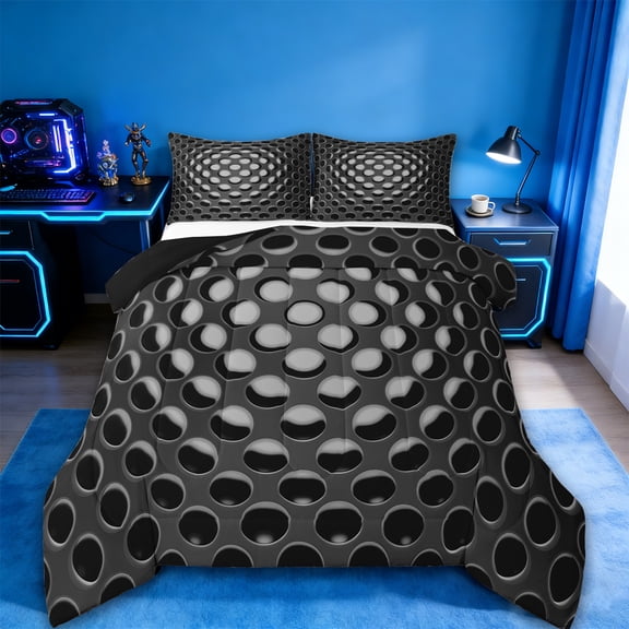 Manfei Geometric Honeycomb Bedding Comforter Set,Stereoscopic Geometric Twin Comforter Sets,Gray Black Bedding Set,Microfiber Room Decorative Reversible,2-Piece