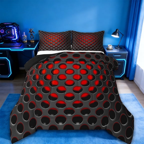 Manfei Geometric Honeycomb Bedding Comforter Set,Stereoscopic Geometric Twin Comforter Sets,Red Black Bedding Set,Microfiber Room Decorative Reversible,2 Pieces