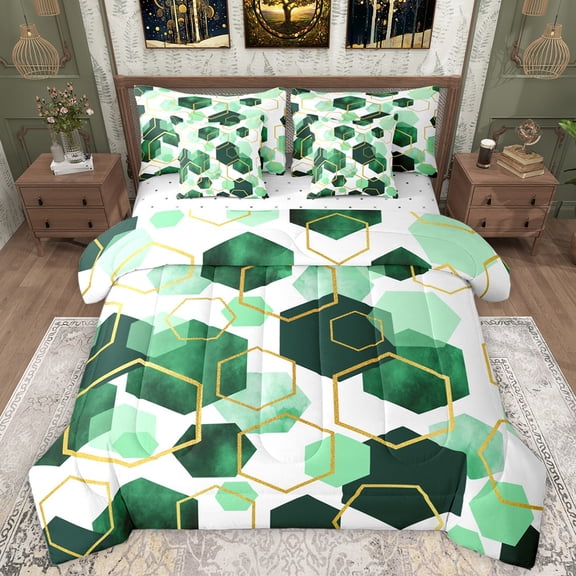 Manfei Geometric Honeycomb Hexagon 7-Piece Bedding Comforter Set,Modern Minimalist Art King Bedding Sets,Green Gold White Bed Sheets For Men Women,Microfiber Bedroom Decor Reversible