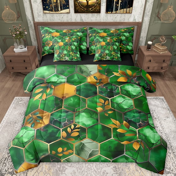 Manfei Geometric Honeycomb Hexagon 7-Piece Twin Bedding Sets,Marble Texture Pattern Bedding Comforter Set,Green Gold Sheet Sets For Men Women,Breathable Home Decor Reversible