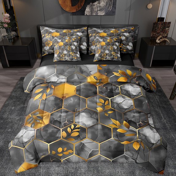Manfei Geometric Honeycomb Hexagon 7 Pieces Bedding Comforter Set,Marble Texture Pattern Full Bedding Set,Gold Gray Fitted Sheet Flat Sheet For Men Women,Breathable Home Decor Reversible