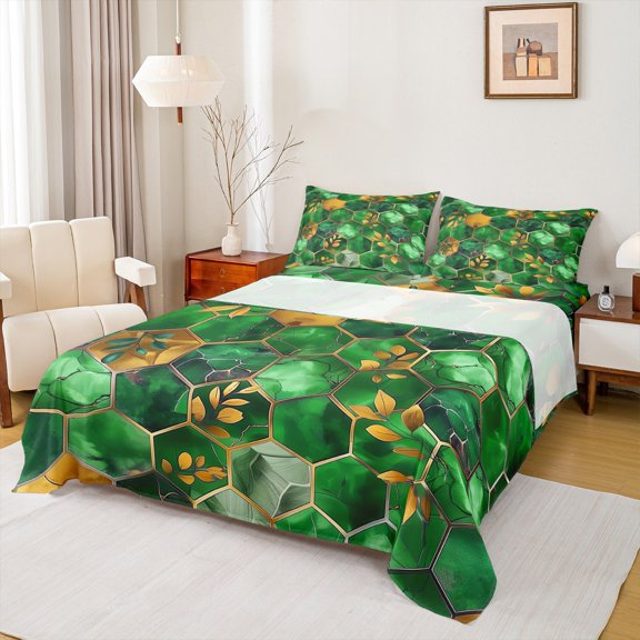 Manfei Geometric Honeycomb Hexagon Bed Sheets,Marble Texture Pattern King Sheets,Green Gold Sheet Set For Men Women,Breathable Home Decor,4pcs