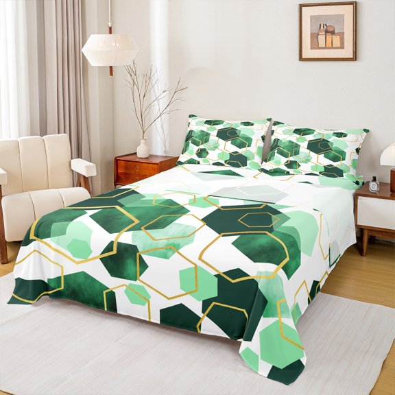 Manfei Geometric Honeycomb Hexagon Twin Sheet Sets,Modern Minimalist Art Twin Fitted Sheet,Green Gold White Flat Sheet For Men Women,Microfiber Bedroom Decor,3pcs
