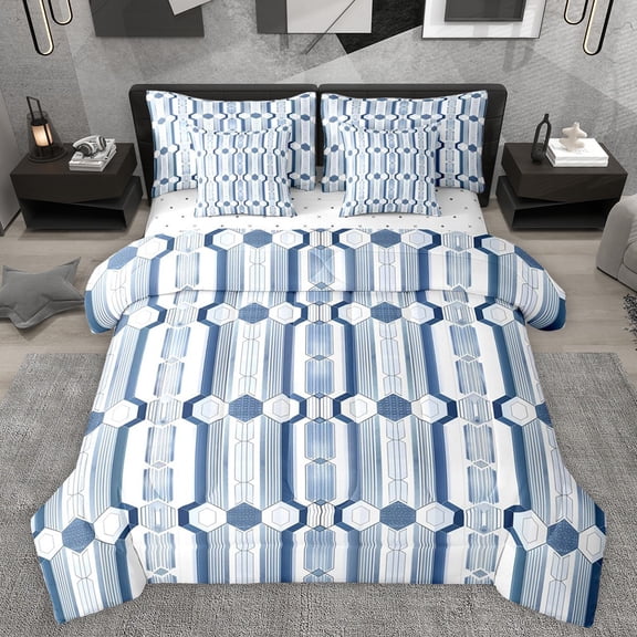 Manfei Geometric Honeycomb Twin Bedding Sets 7-Piece for Female Men,Abstract Stripes Bedding Comforter Set Microfiber,Vintage Aesthetic Breathable Sheet Sets,Microfiber Bedroom Decor,Reversible
