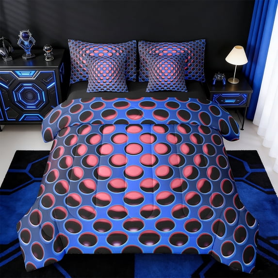 Manfei Geometric Honeycomb Twin Bedding Sets 7 Pieces,Stereoscopic Geometric Bedding Comforter Set 7 Pieces,Blue Pink Sheet Sets,Microfiber Room Decorative Reversible