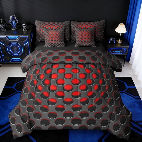 Manfei Geometric Honeycomb Twin Bedding Sets 7 Pieces,Stereoscopic Geometric Bedding Comforter Set 7 Pieces,Red Black Sheet Sets,Microfiber Room Decorative Reversible