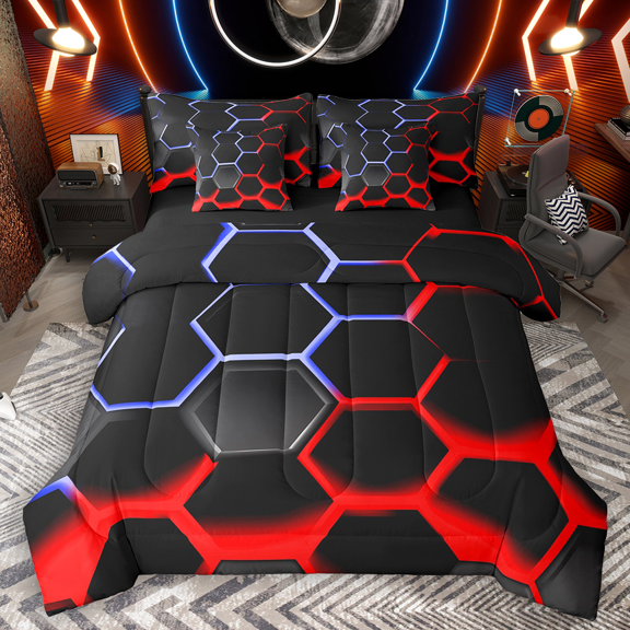 Manfei Geometric Honeycomb Twin Bedding Sets 7pcs for Boys, Black Blue Red Bedding Comforter Set, Neon Gradient Hexagon Sheet Sets, Breathable Home Decor