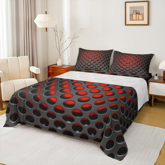 Manfei Geometric Honeycomb Twin Sheet Sets,Stereoscopic Geometric Twin Fitted Sheet,Red Black Flat Sheet,Microfiber Room Decorative,3 Pieces