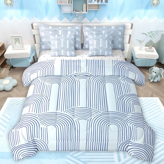 Manfei Geometric Line 7-Piece Twin Bedding Sets,Modern Abstract Art Bedding Comforter Set,Blue Stripe Sheet Sets For Men Women,Ultra Soft Home Decor Reversible