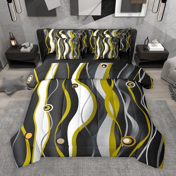 Manfei Geometric Line Circle 7-Piece Bedding Comforter Set,Polka Dot Striped King Bedding Sets,Yellow Gray Black Bed Sheets For Boys,Ultra Soft Home Decor Reversible