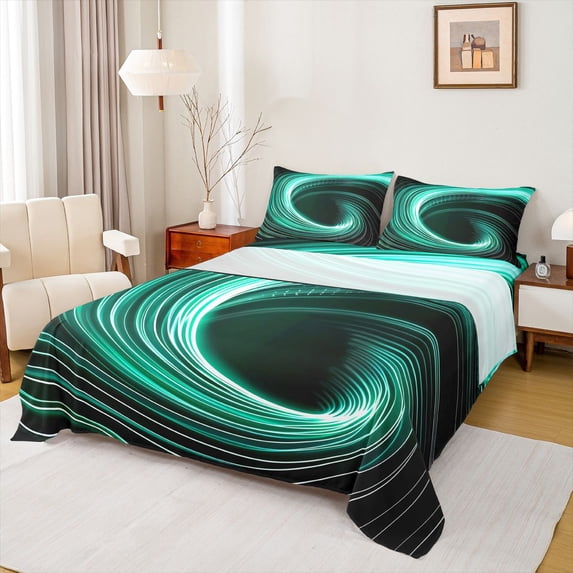 Manfei Geometric Lines 3pcs Twin Sheet Sets for Children Teens,Spiral Swirl Stripes Twin Fitted Sheet,Black Teal Breathable Flat Sheet,Breathable Home Decor