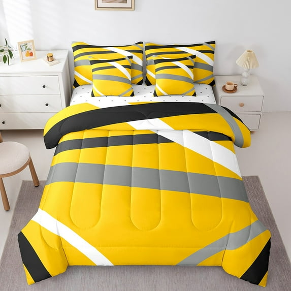 Manfei Geometric Lines 7-Piece Twin Bedding Sets,Mid Century Bedding Comforter Set,Vintage Aesthetic Breathable Sheet Sets,Microfiber Boys Bedroom Decor,Reversible