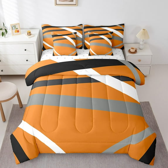 Manfei Geometric Lines 7 Pieces Bedding Comforter Set,Mid Century Full Bedding Set Lightweight,Vintage Aesthetic Fitted Sheet Flat Sheet,Microfiber Boys Bedroom Decor,Reversible