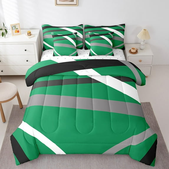 Manfei Geometric Lines 7pcs Bedding Comforter Set,Mid Century Queen Bedding Sets Super Cozy,Vintage Aesthetic Queen Sheet Sets,Microfiber Boys Bedroom Decor,Reversible