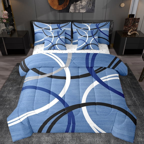 Manfei Geometric Lines 7pcs Bedding Comforter Set,Waves Stripe Queen Bedding Sets,Blue Black White Queen Sheet Sets For Kids,Ultra Soft Home Decor Reversible