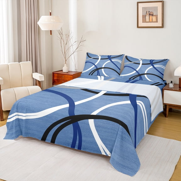 Manfei Geometric Lines Bed Sheets,Waves Stripe King Sheets,Blue Black White Sheet Set For Kids,Ultra Soft Home Decor,4-Piece