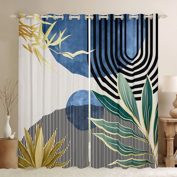 Manfei Geometric Lines Blackout Curtains Set of 2 (52x84 Each), Mid Century Minimalism Window Curtains, Abstract Leaf Sun Print Curtains and Drapes, Luxurious Room Decor