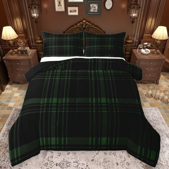 Manfei Geometric Lines Checkered Full Size Comforter Sets,Vintage Grid Pattern Bedding Comforter Set,Green Black Bedding Sets For Girl Teens,Ultra Soft Home Decor Reversible,3 Pieces