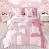 Manfei Geometric Lines Print 7-Piece Twin Bedding Sets,Retro Stripes Pattern Bedding Comforter Set,Girls Pink Circle Sheet Sets For Teens,Breathable Home Decor Reversible